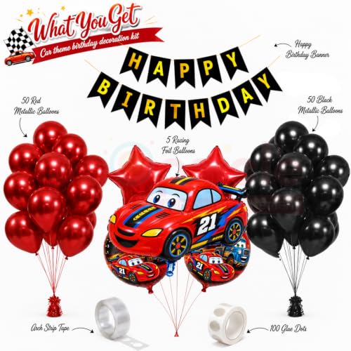 Image of Propsicle Car Theme Decoration for Birthday Kit for Boys Balloons & Banner | Car birthday decoration kit with race car foil balloons, 104 pcs red black metallic latex balloon arch for boys party decor