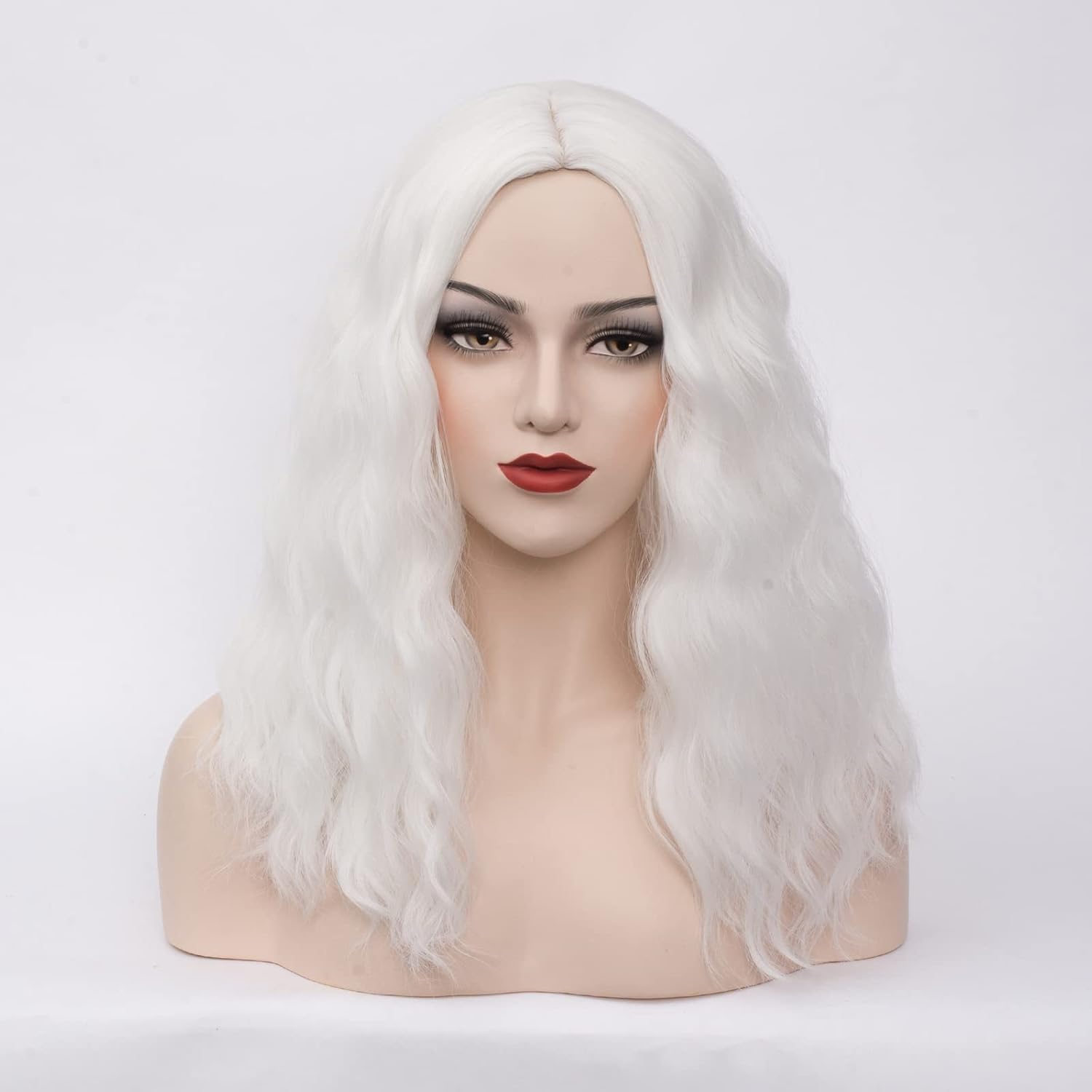 18" Long Dark Green Curly Wavy Wig For Women Heat Resistant Fiber Wigs Halloween Cosplay Daily Party+Cap (White) - Image 2