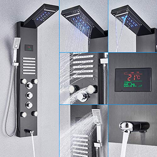 Columna de ducha con panel LED, sistema de ducha de cascada y lluvia, pantalla LCD digital, acabado negro (Blackend) miniatura 4