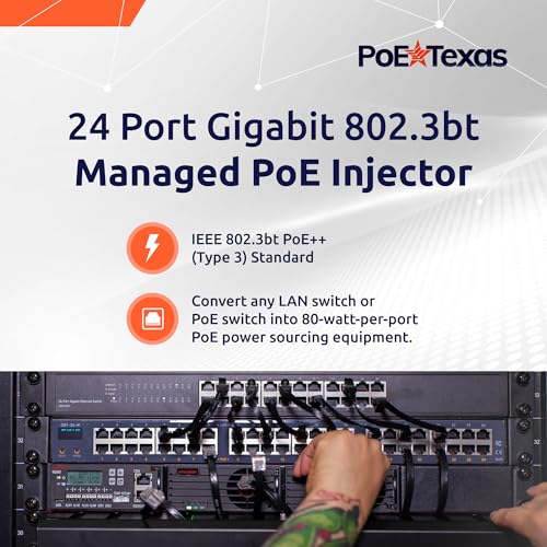 Image of PoE Texas - 24 Port 802.3bt Managed PoE Injector - Network Power Over Ethernet Gigabit Injector PoE Adapter with App & Web Control - 80 Watts Per Port for Smart Lighting, PTZ & NDI Cameras and More