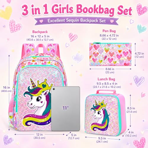 Image of 3Pcs Unicorn Backpack for Girls, 16 inch Sequin Bookbag Set for Kids, Elementary Preschool Preschool School Backpacks with Lunch Box (Pink)