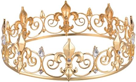 Eseres Gold King Crown for Men Full Round Fleur De Lis Crown Prom Queen Crowns