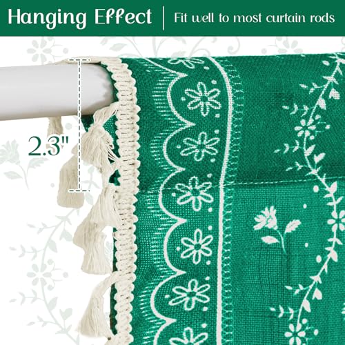 Image of Yinhua Boho Kitchen Curtains 36 Inch Length Vintage Linen Cafe Curtains Light Filtering Bohemian Floral Tier Rod Pocket Farmhouse Rustic Tassel Small Drapes with Tiebacks, 2 Panels, Teal