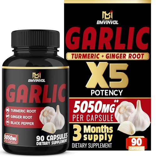 4-in-1 Garlic Supplement - Equivalent to 5050mg Per Capsules - Enhanced with Turmeric Root, Ginger Root, Black Pepper - 90 Capsules for 3 Month Supply