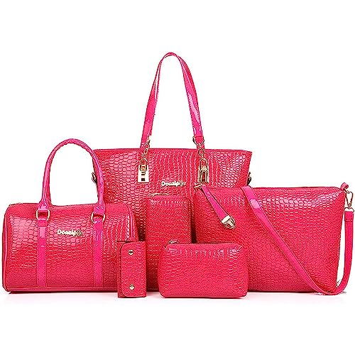 Set de 6 bolsos y carteras para mujer: totes, satchel, bandolera y clutch, en poliuretano, color rosa miniatura 1