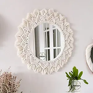 ARSHLAZA Macrame Hanging Wall Mirror with Macrame Round Mirror Art Boho Decor [M4FOOL] Framed, off-white