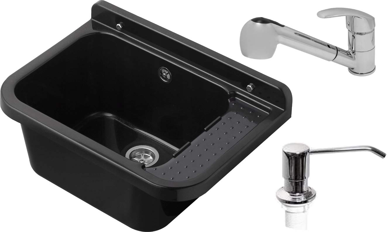 VBChome Ausgussbecken mit Armatur 59 x 34 x 21 Schwarz ausziehbarer Armatur Seifenspender cm Schwarz Spülbecken Waschtrog mit Überlauf Waschbecken für Gewerbe Waschraum Garten inkl. Ablaufgranitur