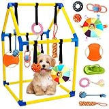 Puppy Play Gym with 9 Hanging Toys, Interactive Dog & Cat Enrichment Playground, Removable Indoor Training Activity Center for Puppies & Kittens, Adjustable PVC Frame, Teething & Squeaky Toys Included
