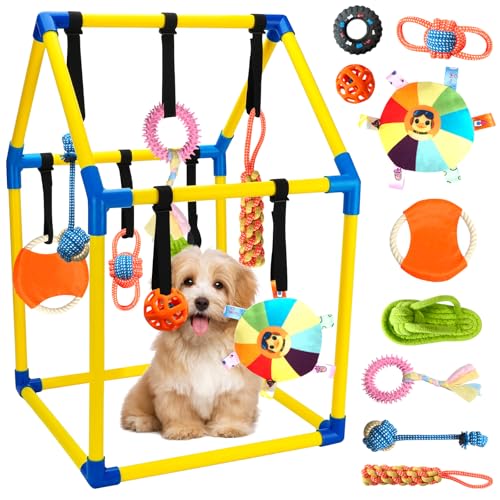 Puppy Play Gym with 9 Hanging Toys Interactive Dog Enrichment Playground Removable Indoor Training Activity Center for Puppies & Small Dogs Adjustable PVC Frame Teething & Squeaky Toys Included