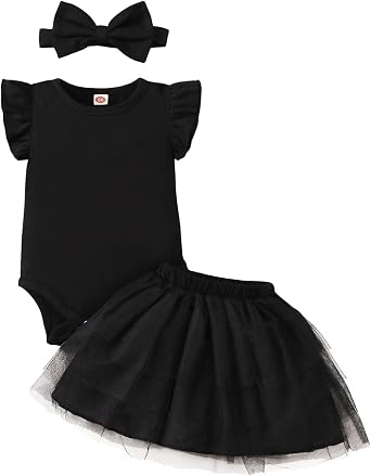Newborn Solid Color Dress Bow Outfit Baby Girl Ruffle Sleeve Romper Dress Infant Jumpsuit Tutu Skirt Set Clothes