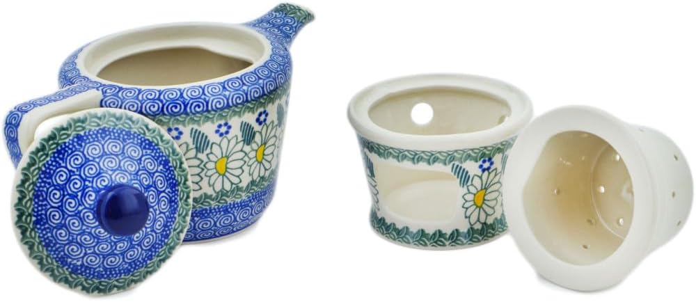 Polmedia Polish Pottery Tea or Coffee Pot with Heater - Crazy Daisy Pattern Handmade in Boleslawiec Poland by Ceramika Artystyczna + Certificate of Authenticity
