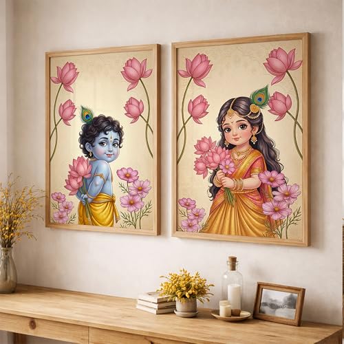 Image of Suneree Radha Krishna Painting with Lotus Flowers | Set of 2 Framed Wall Art Paintings | Traditional Indian Decor for Living Room Bedroom Pooja Room | (ART 5, 10x13 INCHES)