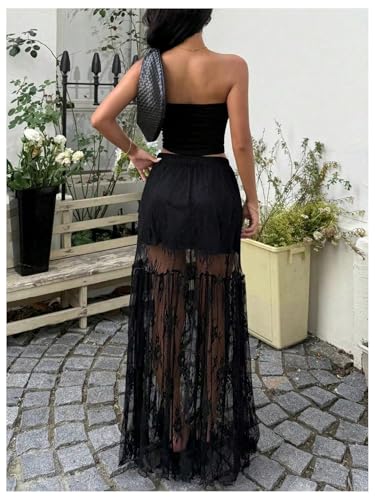 GORGLITTER Women's Plus Size Floral Lace Ruffle Long Maxi Skirt See Through Sheer Coquette Skirts3