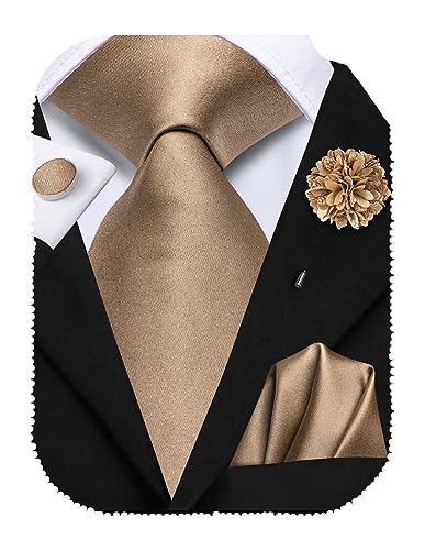 Hi-Tie Cravatta da uomo in seta e gemelli quadrati da taschino set spilla jacquard cravatta da matrimonio aziendale per formale, Bronzo e oro., M
