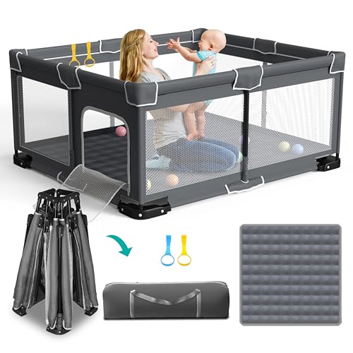 Foldable Playpen for Babies and Toddlers, 59x71 Inches Portable Playpen, Kids Collapsible Play Pen with 2 Handlers, Indoor & Outdoor Baby Fence Play Area with Visible Mesh, Dark Gray