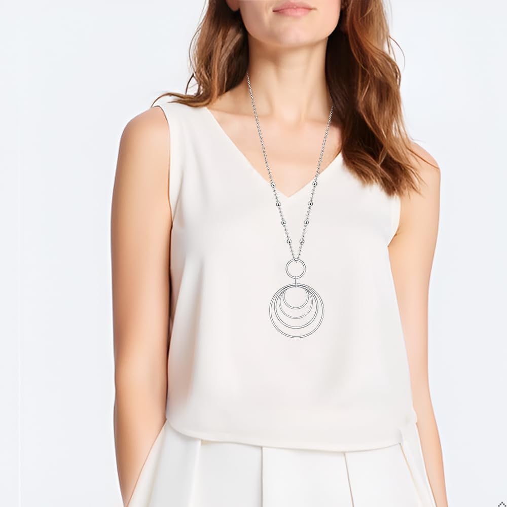 Sterling Silver Sweater Long Necklaces for Women Trendy Boho Sweater Long Cirlcle Pendant Necklace Chain Jewelry Gifts for Her Adjustable Size 28 - Image 4