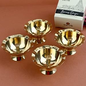 Satvik 4 Pc Pure Brass Diya for Pooja Tibetan Butter Lamp Buddhist Altar Supplies Tea Light Holder Indian Puja Kutthu Vilakku Deepam Meditation Offering Indian Diwali Mandir Housewarming Return Gifts