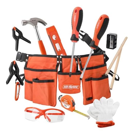 Hi-Spec 16pc Orange Kids Tool Set & Child Size Tool Belt With Real Metal Hand Tools for Building, Woodwork & Construction Learning