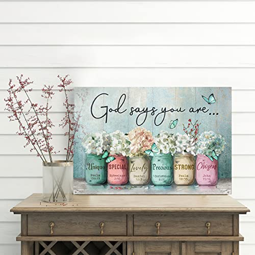 Inspirational Canvas Wall Art Encouraging Bible Verses On Cute Marson Jars And Butterflies God Says You Are Teal Background Artwork For Living Room Bedroom Bathroom Office Home Decor 12X16 In #TOP1