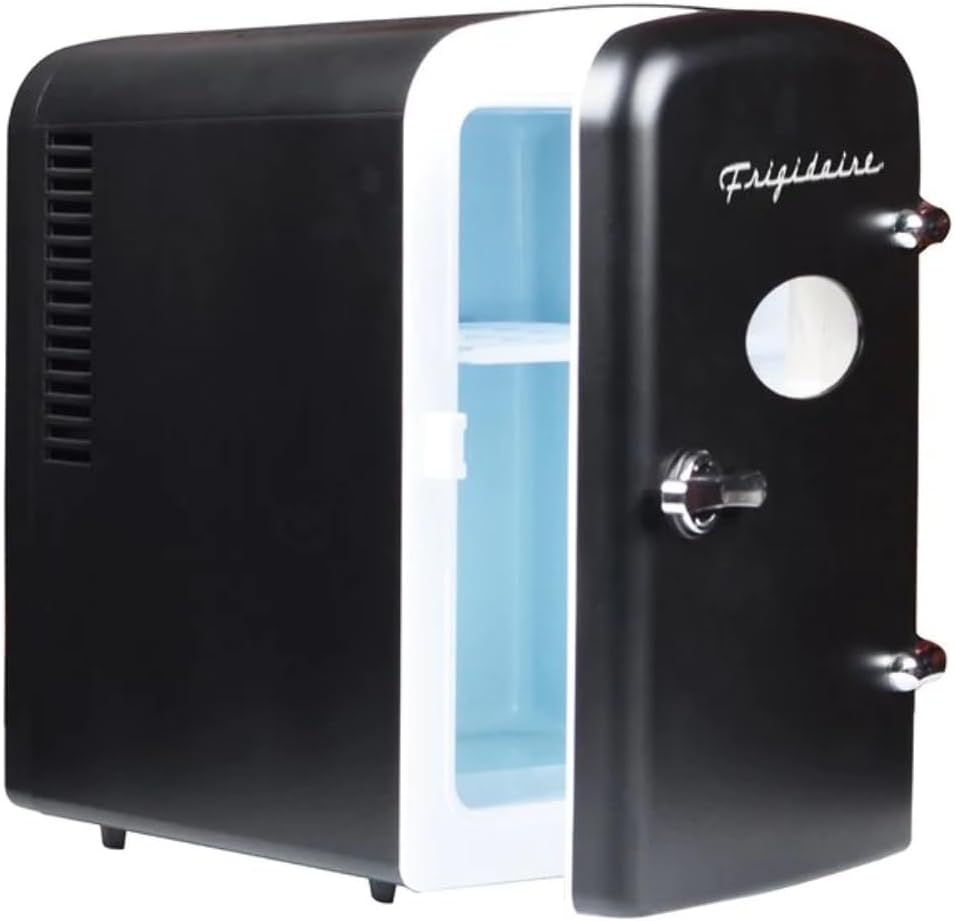 Frigidaire Mini Portable Compact Personal Fridge Cooler, 4 Liter Capacity Chills Six 12 oz Cans, 100% Freon-Free & Eco Friendly, Includes Plugs for Home Outlet & 12V Car Charger – Black Frigidaire Mini Portable Compact Personal Fridge Cooler, 4 Liter Capacity Chills Six 12 oz Cans, 100% Freon-Free & Eco Friendly, Includes Plugs for Home Outlet & 12V Car Charger – Black