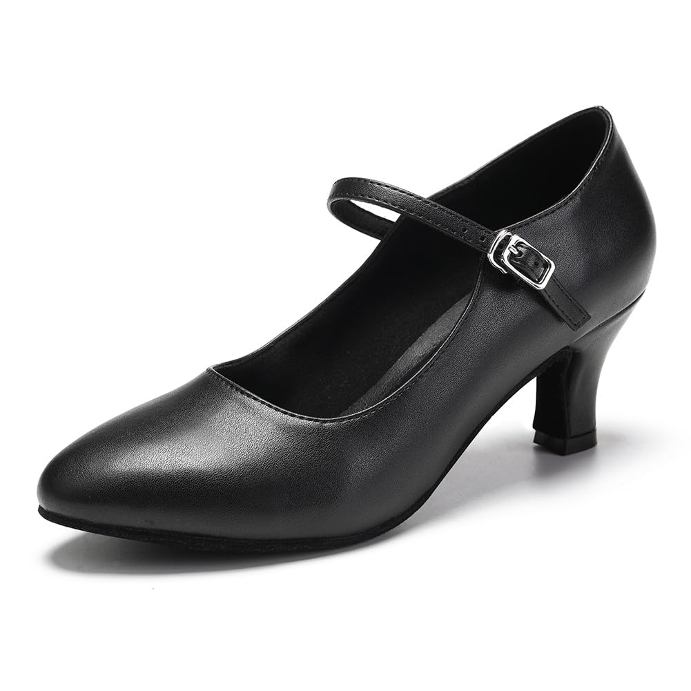 JUODVMP Tanzschuhe Damen Schwarz Leder Charakter Schuhe Rumba Latein Ballroom Tanzschuhe 6CM Absatz