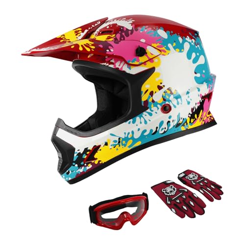 Image of XFMT Youth Dirt Bike Helmet DOT Kids Full Face Helmet for Motocross ATV Off-Road Street Bike Four Wheeler with Goggles & Gloves, Spray Graffiti X-Large