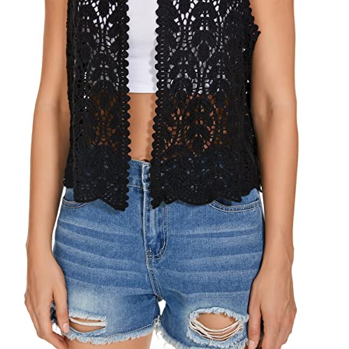 Image of Womens Floral Crochet Lace Trim Sleeveless Open Front Vest Cardigan