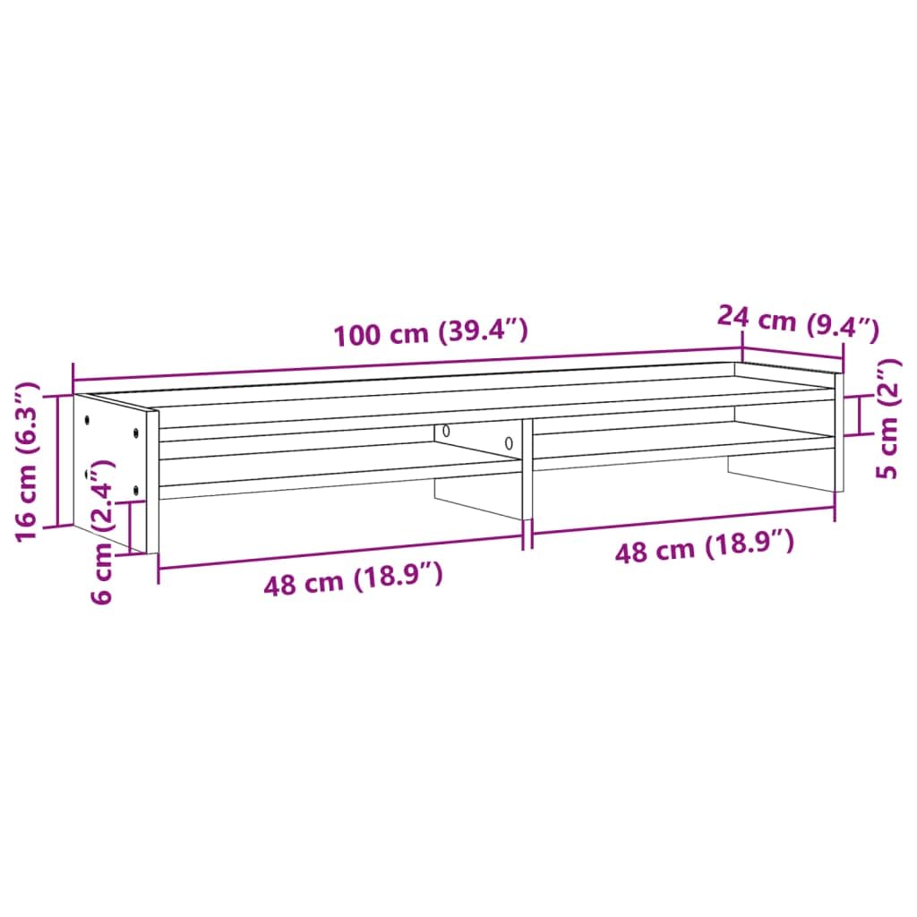 Supporto per monitor grigio Sonoma in legno 100 x 24 x 16 cm, per due monitor, 4 scomparti, portata 25 kg, supporto da scrivania per home office, ufficio e gaming