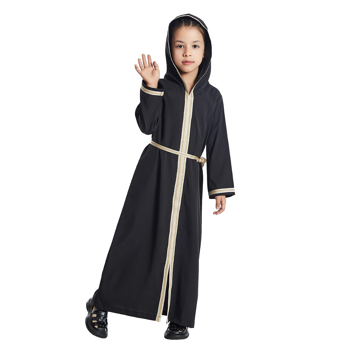 IDOPIP Kids Girls Muslim Abaya Dress with Belt Set Long Sleeve Zipper Hooded Islamic Kaftan Maxi Dress Full Length Cover Thobe Dress Middle East Dubai Robe Gown Modest Clothes Black Hooded 3-4 Years