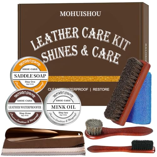12 PCS Leather Care Kit - Horsehair Brushes,Saddle Soap,Waterproofing Wax,Mink Oil ,Polishing Cloth,Microfiber cloth,Boot Shoe Shine Cleaning Kit Gift for Men Cowboy Husband Dad birthdays Festive