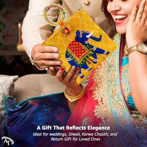 Image of Women Potli Bags | Gifting Potli with Zip & Bangle Handle | Traditional Shagun Return Gifts Potli for Mehandi, Haldi, Baby Shower, Wedding, Sangeet (Elephant Print, Pack of 12)