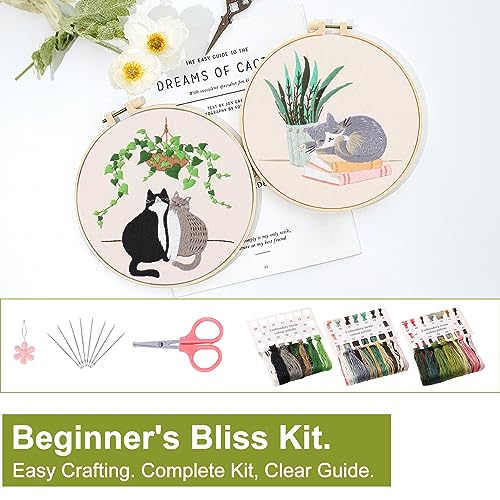 Image of Santune 3 Pack Embroidery Kit for Beginners with Pattern, Cross Stitch Kits for Adults with Instructions,Needlepoint Kits for Adults Include 1 Embroidery Hoops,Color Threads and Needles(Cat)