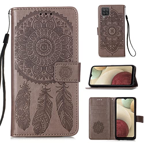 Boîtier de portefeuille Samsung M12 A12 fleur 3D gaufrée antichoc couleur gris Szary