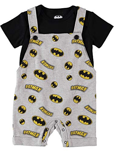 DC Comics Batman Newborn Infant Baby Boys Shortall Romper and Tshirt Set (Grey/Black/Yellow, 6-9 Months)