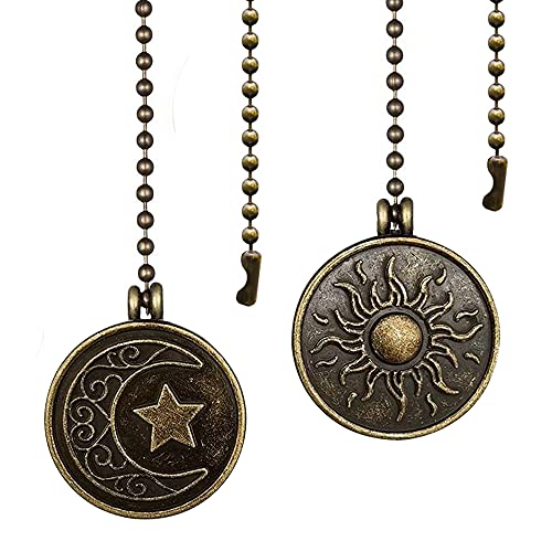 Image of Ceiling Fan Pull Chain Sun Moon Pattern,2 Pcs 12 Inch Beaded Ball Pull Chain Extender Decorative With Connector, Newst Style Fan Light Pendant Extension Decor,Bronze