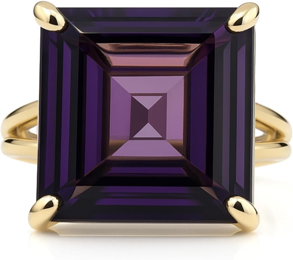 Womens 14k Gold Rings - Vibrant Amethyst Jewelry Ring in Double Band - Fashionable Semi Precious Stone Rings - For Wife, Mom, Sister - with Jewelry Box