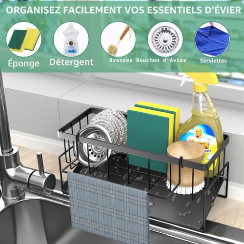 Wenrescry Organiseur d'évier - Porte-éponge de Cuisine avec bac d'écoulement Automatique et Support de Chiffon d'évier - Idéal pour la Cuisine et la Salle de Bain - Organisateur pour brosses, – vue 4