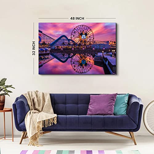 Image of Disney Ferris Wheel Canvas Wall Art Sunset Disneyland Skyline Wall Decor 32x48 inch, Large Mickey Castle Park Landscape Panoramic Pictures Paintings Artwork for Living Room Bedroom Office Home Decoration