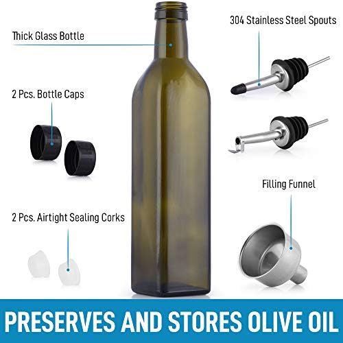 Zulay (17oz) Olive Oil Dispenser Bottle for Kitchen - Glass Olive Oil Bottle with 2 Spouts, 2 Removable Corks, 2 Caps, & 1 Funnel - Oil Bottle for Kitchen & Storing Liquids (Dark Brown Bottle)