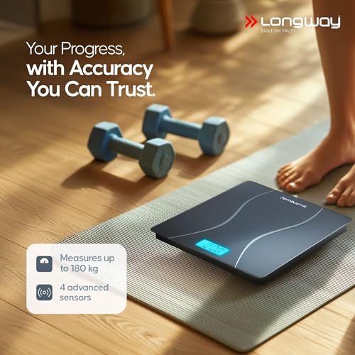 Image of Longway Weight Machine for Home | Digital Bathroom Scale for Human Body Weight Measurement | Extra Thick Tempered Glass with LCD Display | 3 Years Warranty (Full Black | Max Weight 180Kgs | Aura)