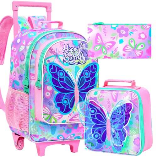 Image of CCJPX 3Pcs Butterfly Rolling Backpack for Girls, 18 inch Kids Wheeled Bookbag with Lunch Box, Lightweight Roller School Bag for Elementary Preschool (Pink)