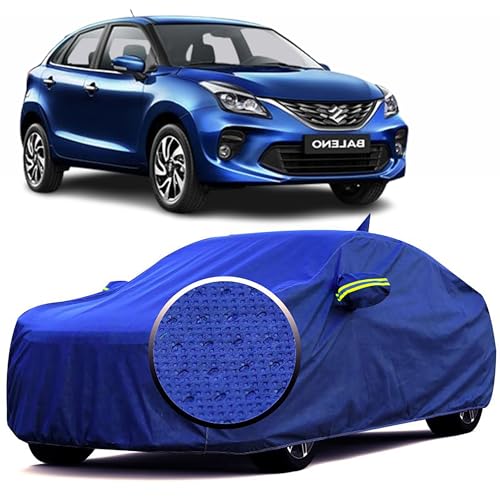 Image of 100% Waterproof 'BlueMax' Car Body Cover for Maruti Suzuki Baleno (2022-2025) Mirror Pocket, Heat & UV Protection, Triple Stitched, Soft Lining, Full Bottom Elastic Reflective Radium (Blue)