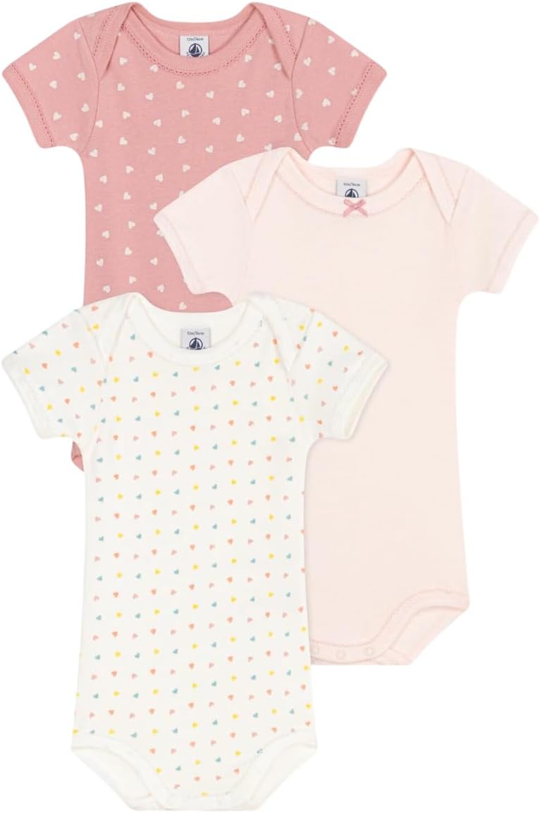 Petit Bateau Baby girl 3 pack ss solid and heart print bodysuits SIZES 3-36 MONTHS