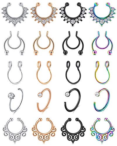 LAURITAMI 20pcs Fake Septum Nose Hoop Rings Stainless Steel CZ Faux Lip Ear Nose Septum Ring Non Piercing Clip On Nose Hoop Rings Body Piercing Jewelry
