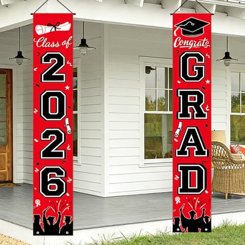 Image of Graduation Decorations 2026 Porch Banner, Congrats Grad Class of 2026 Banner, Red and Black Graduation Banner Class of 2026 for Any Schools or Grades Party Favor
