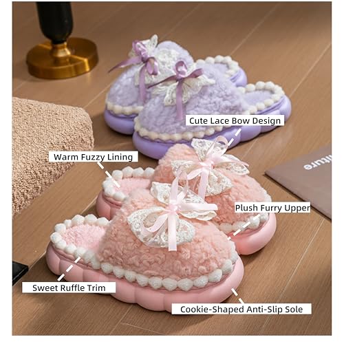 Women's Lace Bow Plush Slippers - Warm Fuzzy Lining, Cookie-Shaped Non-Slip Sole for Indoor Comfort4