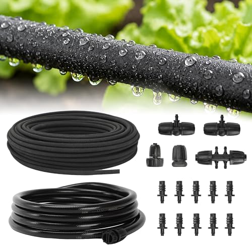 MIXC Drip Irrigation System with 100FT 1/4 Soaker Hose - 80% Water Savings Weeping Tech for Deeper Root Watering Garden Kit with 10FT 1/2 Tubing for Raised Beds Vegetables Lawn Greenhouse
