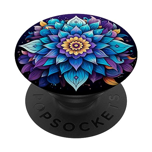 Teal Blue Purple Flower Watercolor Fantasy Floral Whimsical PopSockets Swappable PopGrip, Black
