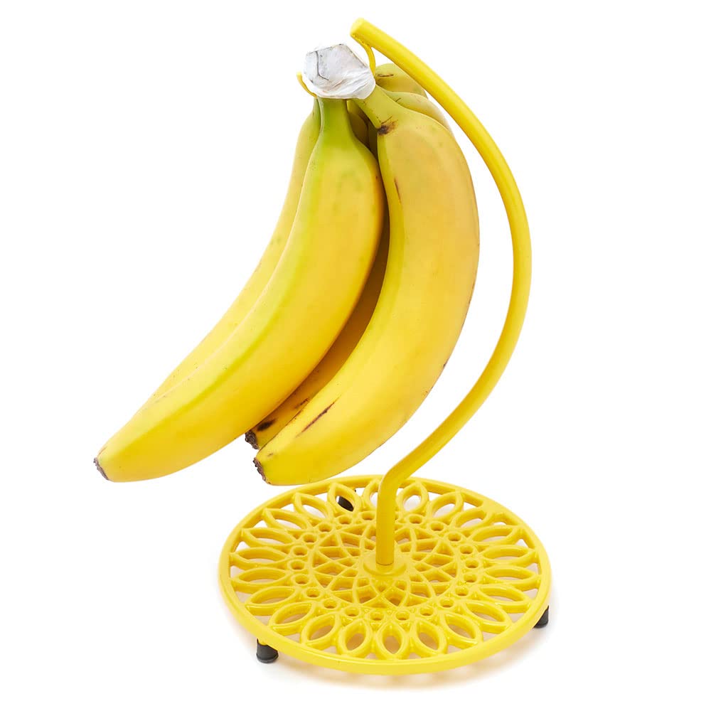 Home BasicsSunflower Design Banana Tree Holder (Yellow) Cast Iron Banana Hook Stand | Keeps | Prevents Bruising | Banana Holder Stand With Non-Skid Feet
