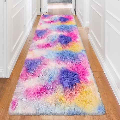 3x10ft+2x3ft Pink Rainbow Tie-Dyed Rug Plush High Pile Shag Carpet,Fluffy Soft Runner Bedside Rug,for Bedroom Living Room Hallway Nursery Kids Unicorn Home Decor Cover